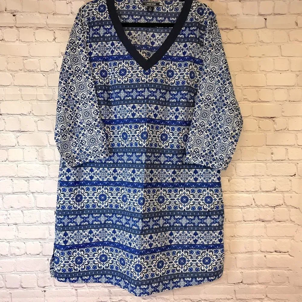 Lands’ End Deep Sea Mixed Majolica Blue Boho Tunic Top Dress Cover Up SMALL